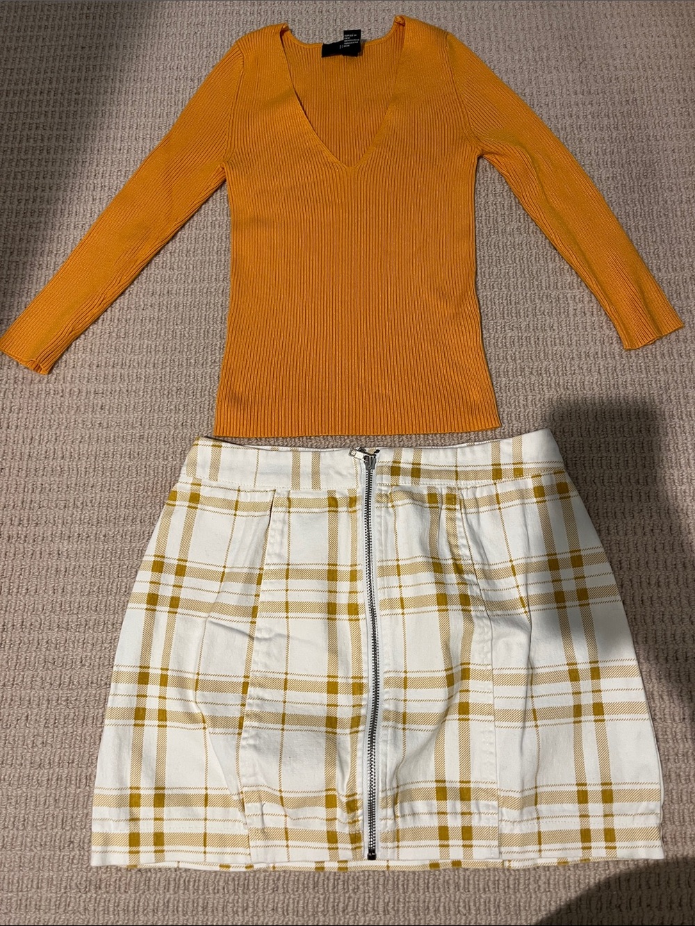 Women’s Mustard Yellow Plaid Zip-Front Mini Skirt & Quarter Sleeve Sweater